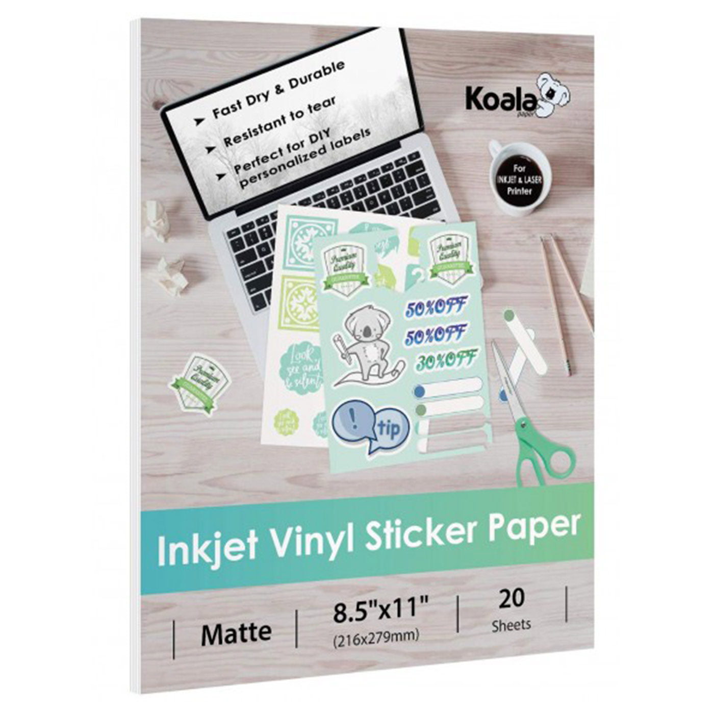 Premium Printable Vinyl Sticker Paper - for Inkjet and Laser Printer - 55  Pack Glossy White Waterproof Inkjet Printable Vinyl - Dries Quickly and