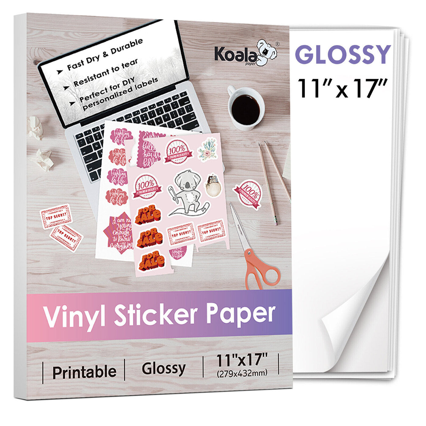 Koala Waterproof Glossy Vinyl Sticker Paper For Inkjet Printer 11x17 inches 10 Sheets