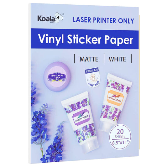 Koala Waterproof Matte White Printable Vinyl Sticker Paper for LASER Printer 8.5X11 Inches 20 Sheets