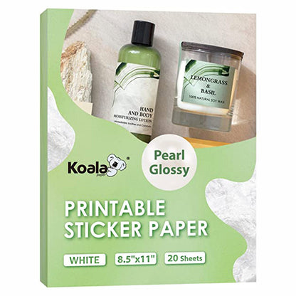Koala Printable Pearl Glossy Sticker Paper for Inkjet and Laser Printer, 20 Sheets 8.5x11 Inches