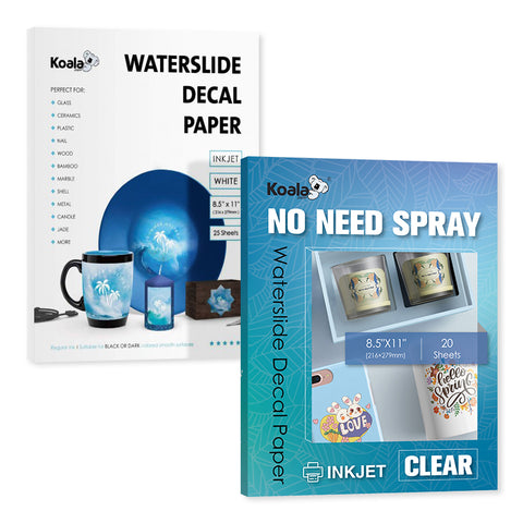 Koala Waterslide Decal Paper Combo -Inkjet White & Clear No Spray Needed, 45 Sheets, 8.5"x11"