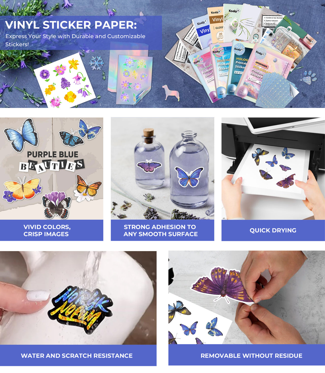 Koala Waterproof Glossy Vinyl Sticker Paper | 8.5x11" Full Sheets for ...