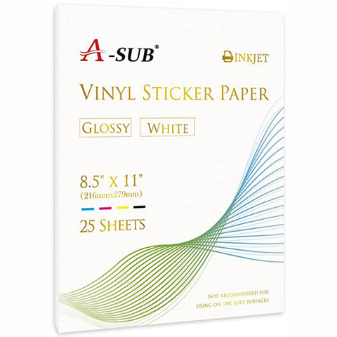 A-SUB Glossy Waterproof Printable Vinyl Label Sticker Paper for Inkjet Printer 8.5x11 Inches 25 Sheets