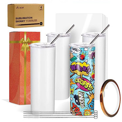 A-SUB 20 OZ Sublimation Tumbler Skinny Straight, White Tumbler with Straw and Lid