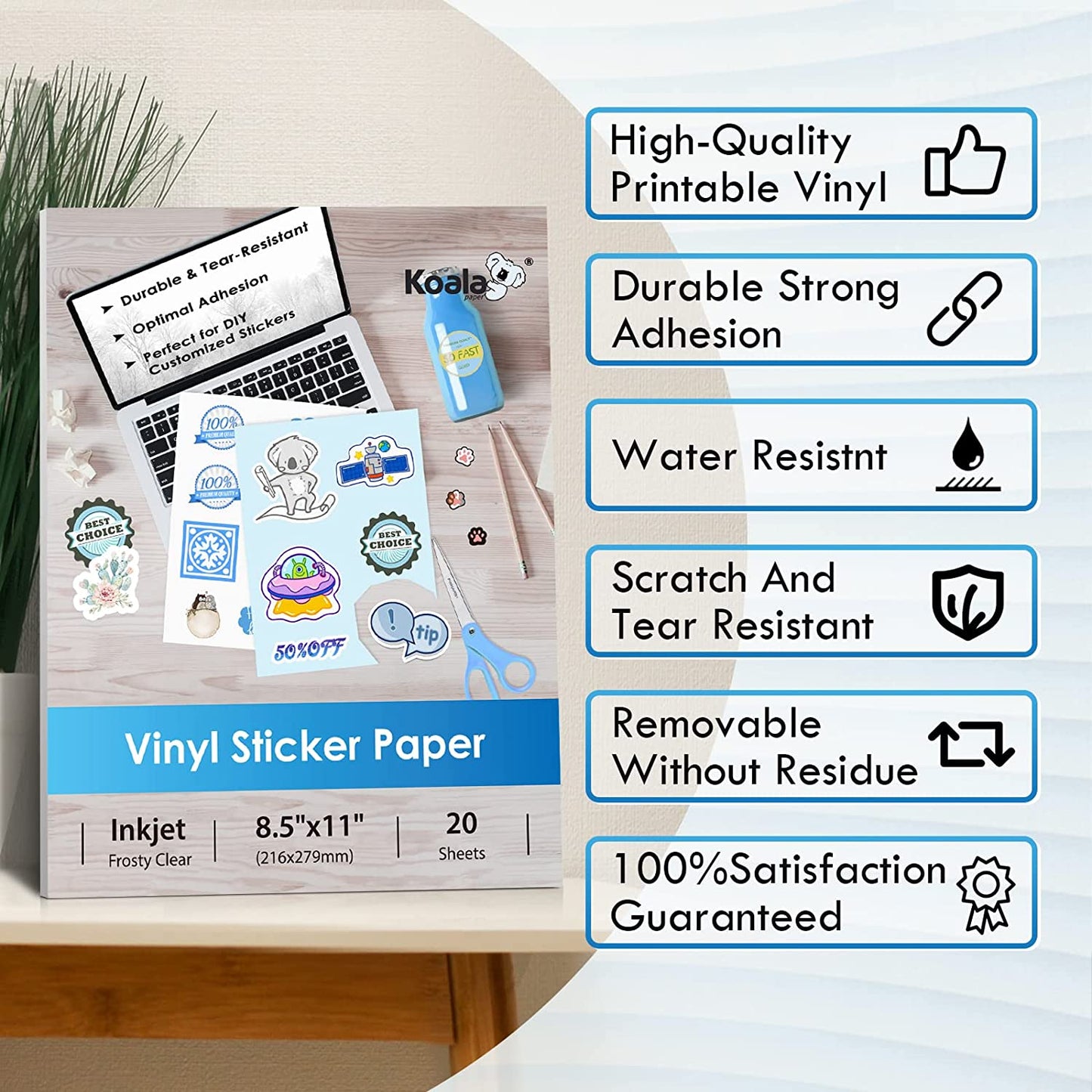 Koala Frosty Clear Printable Vinyl Sticker Paper for Inkjet Printer 20 Sheets