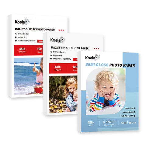 Koala 48lb (180gsm) Inkjet Photo Paper Bundle– Vivid Color, Glossy, Matte, Semi-glossy