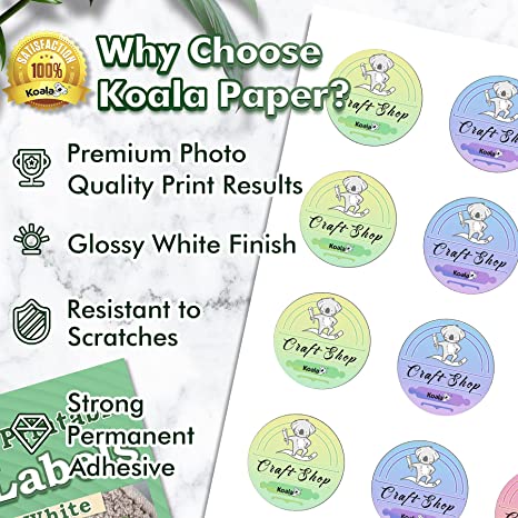 Koala Round Glossy White Printable Circle Labels for Inkjet and Laser Printer,  2 Inches 300 Round