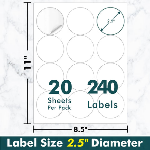 Koala Printable Round Labels 2.5″ 20 sheets  – Matte Waterproof Circle Stickers (240 Labels) | Printable Vinyl Round Labels for Organising & Branding