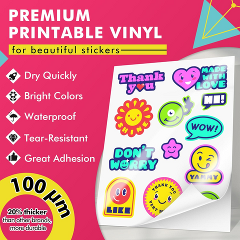 Koala Glossy Waterproof Vinyl Sticker Paper – 8.5x11", for Inkjet Printers, No Backmarks, Full Sheet for DIY Stickers & Labels