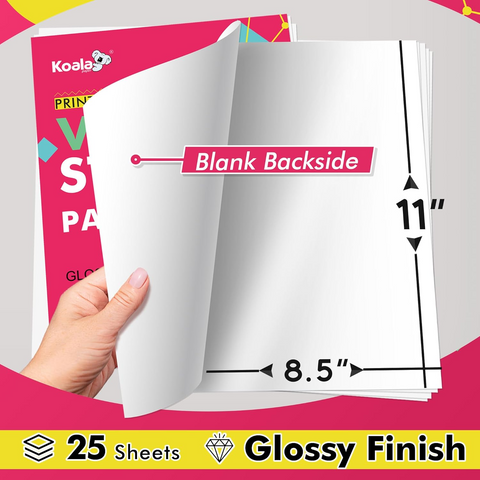 Koala Glossy Waterproof Vinyl Sticker Paper – 8.5x11", for Inkjet Printers, No Backmarks, Full Sheet for DIY Stickers & Labels