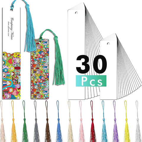 Koala Sublimation Blank MDF Bookmarks with Holes and Colorful Tassels, Double-Sided Printed 30 Pcs