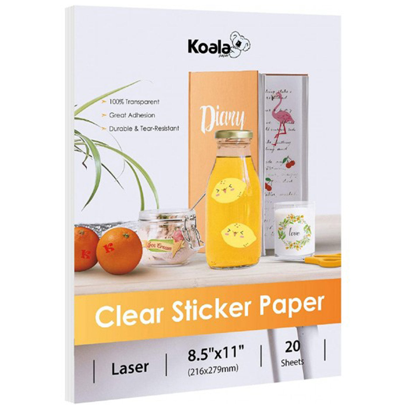 Koala Waterproof Printable Clear Sticker Paper for Laser Printers 8.5x11 inches 20 Sheets