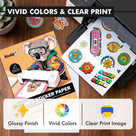 KOALA Easy-Cut Glossy Printable Vinyl Sticker Paper for Inkjet & Laser Printers– Tailored for Cutting Machines, 8.5"x11" 25 Sheets