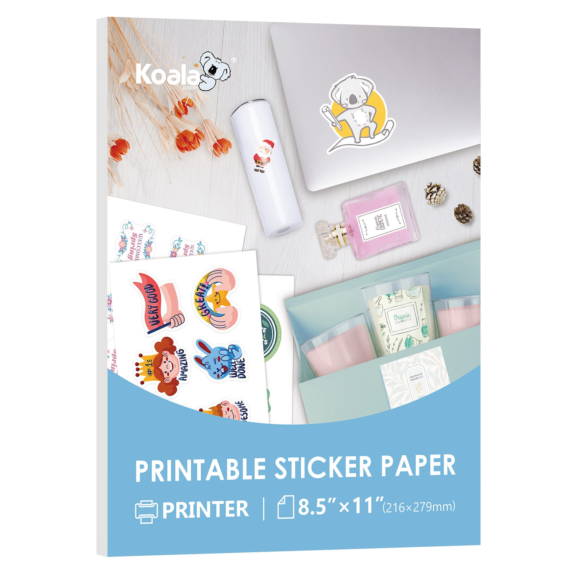 Koala Printable Vinyl Sticker Paper for Inkjet Printer - 20 Sheets Matte White Vinyl Sticker Paper, Waterproof Sticker Paper 20x28cm, Work with Cutting Machine