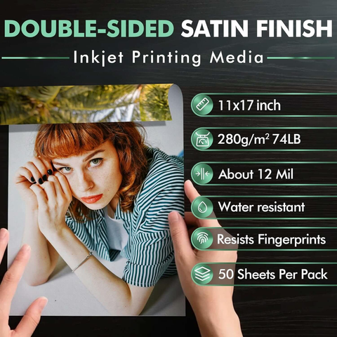 A-SUB Premium Double-Sided Satin Inkjet Photo Paper 74lb 280gsm 11x17 inches 50 sheets