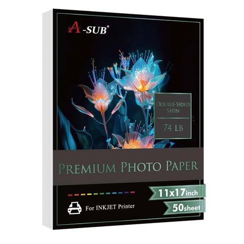 A-SUB Premium Double-Sided Satin Inkjet Photo Paper 74lb 280gsm 11x17 inches 50 sheets