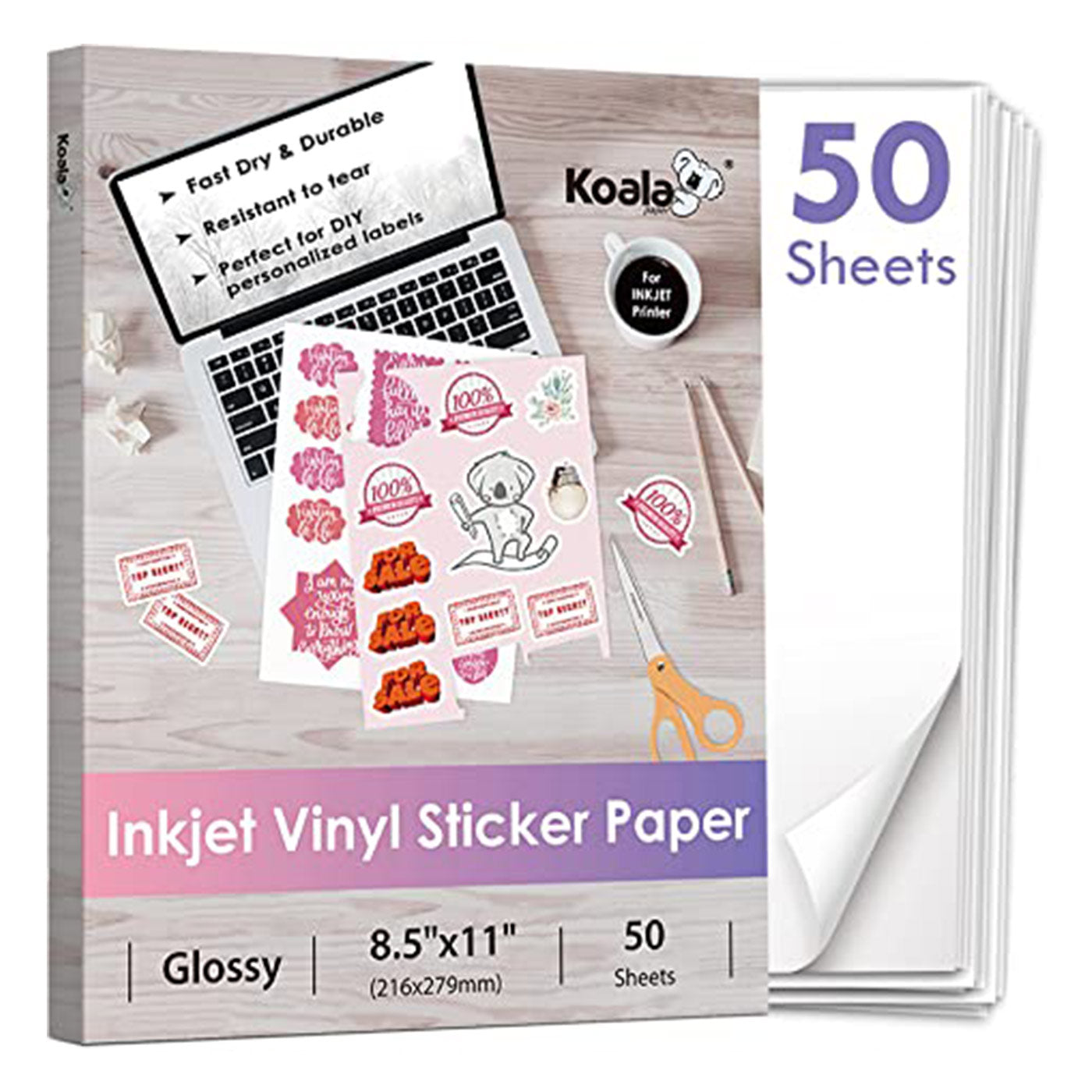 Koala Waterproof Glossy Vinyl Sticker Paper Full Sheet for Inkjet Printer 8.5x11 Inches