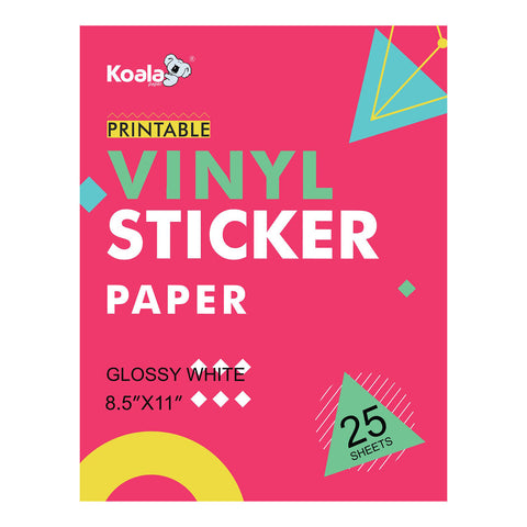 Koala Glossy Waterproof Vinyl Sticker Paper – 8.5x11", for Inkjet Printers, No Backmarks, Full Sheet for DIY Stickers & Labels