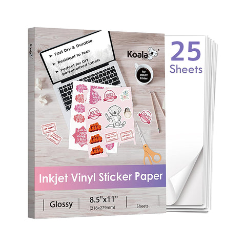 Koala Glossy Waterproof Vinyl Sticker Paper – 8.5x11" Full Sheets for Inkjet, Ideal for Custom Decor & DIY Crafts