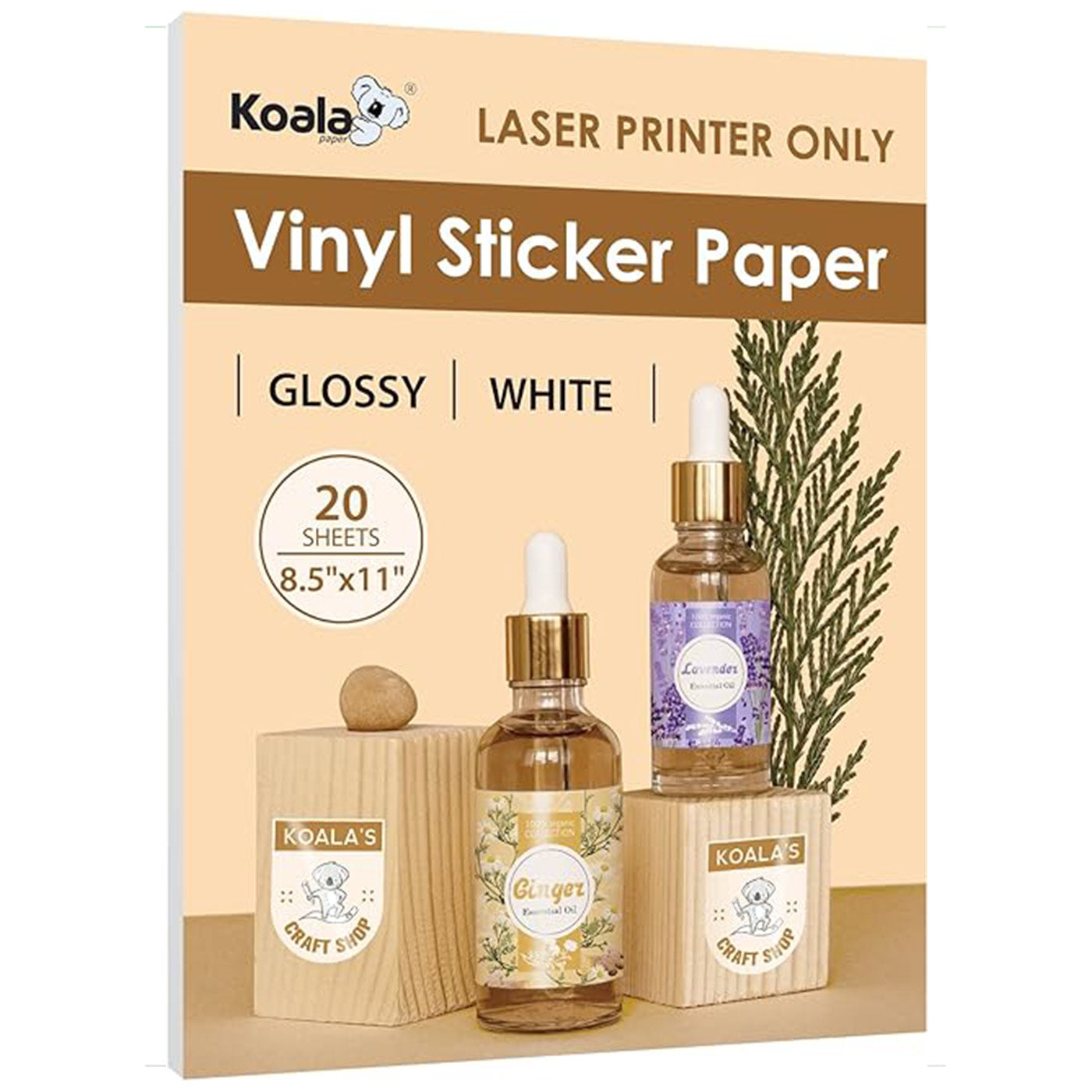 Koala Glossy White Waterproof Printable Vinyl Sticker Paper for LASER Printer 20 Sheets