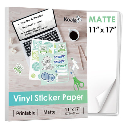 Koala Waterproof Matte Vinyl Sticker Paper Full Sheet for Inkjet Printer 11x17 Inches
