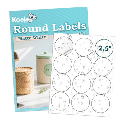 Koala Printable Round Labels 2.5″ 20 sheets  – Matte Waterproof Circle Stickers (240 Labels) | Printable Vinyl Round Labels for Organising & Branding