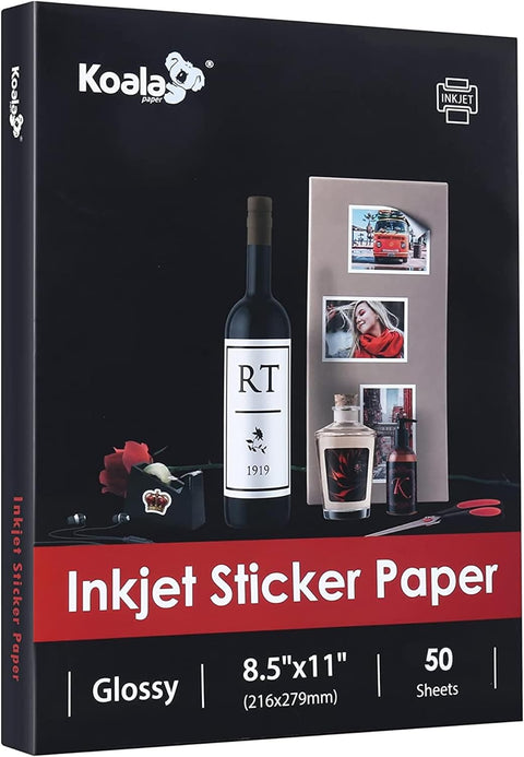 Koala Premium Glossy Sticker Paper - 50 / 120 Sheets, 8.5x11" Full Sheets for Inkjet Printers
