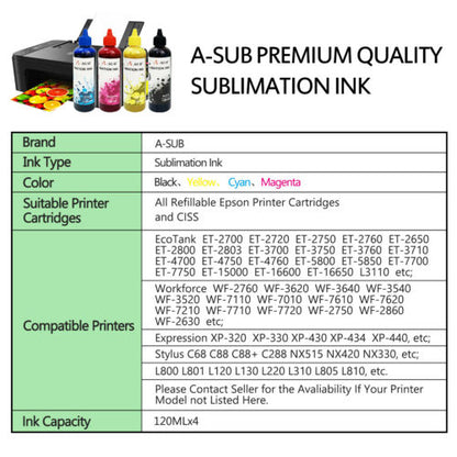 A-SUB Sublimation Paper 8.5x11 inches and Sublimation Ink for Epson Printer Bundle Kit